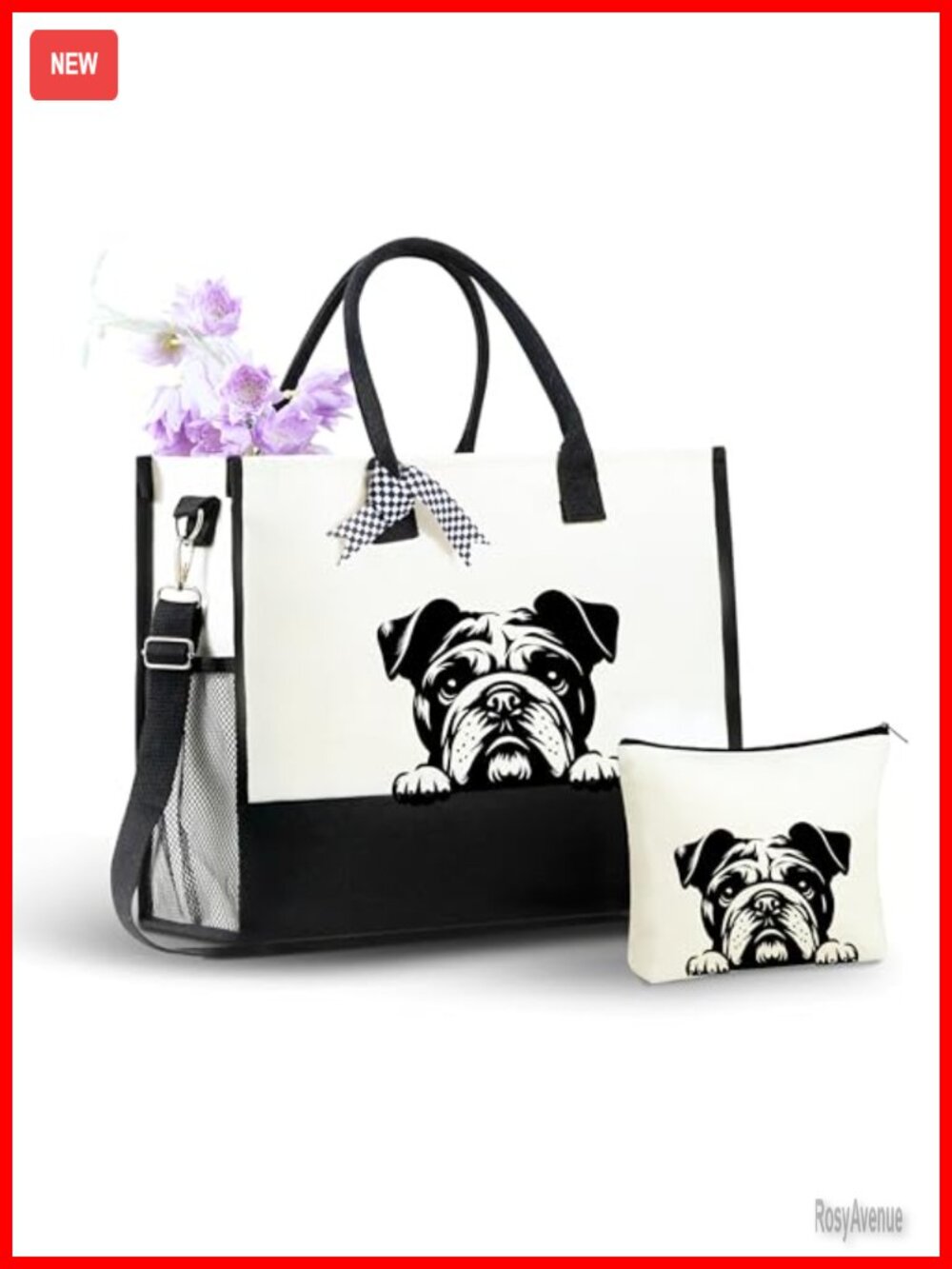 English Bulldog Canvas Tote Bag with Zipper & Makeup Pouch Set